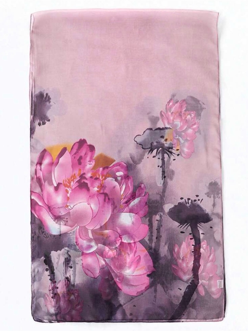 Watercolor Lotus Floral Oblong Chiffon Scarf Pink Gray
